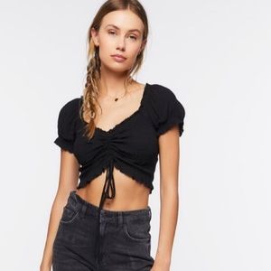 NYT F21 Black Woven Ruched Tie-Front Crop Top Forever 21